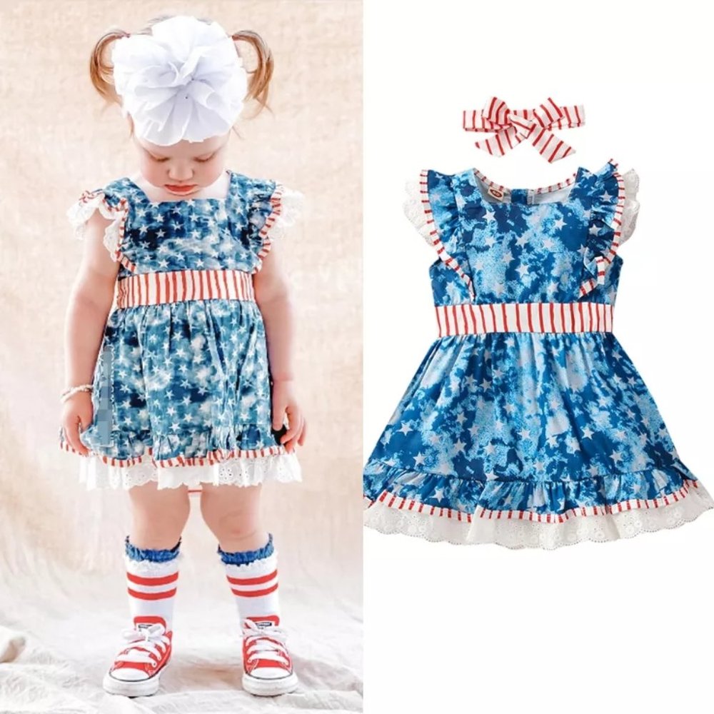 4th of July Tie Dye Stars Girls Ruffle Dress